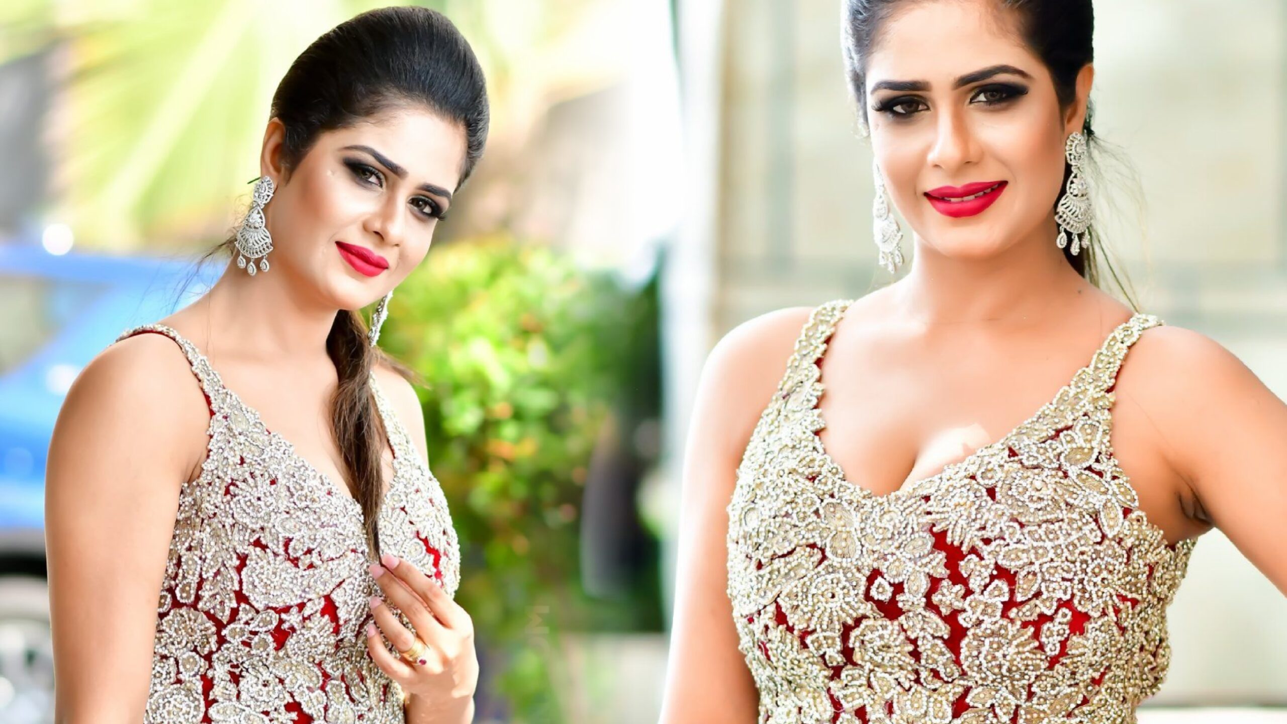 Glamourous Photoshoot Of Maheshi Madushanka In Red Dress 